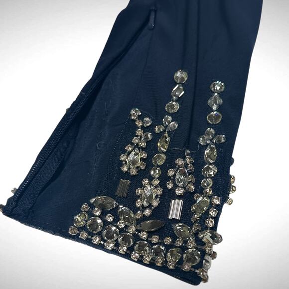 Mac Duggal Drop Shoulder Faux Wrap Navy Thigh Slit Jeweled Cuff Gown Dress Sz 4‎ - Picture 5 of 13